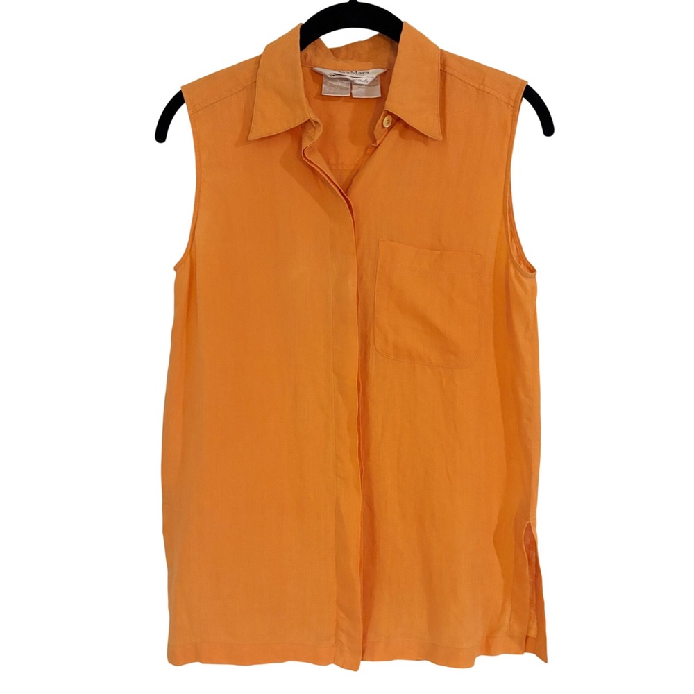 Max Mara Puro Lino Orange 100% Linen Sleeveless Button Down Shirt Size 2